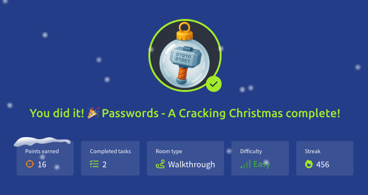 Passwords - A Cracking Christmas
(TryHackMe) 🧑🎄🎉